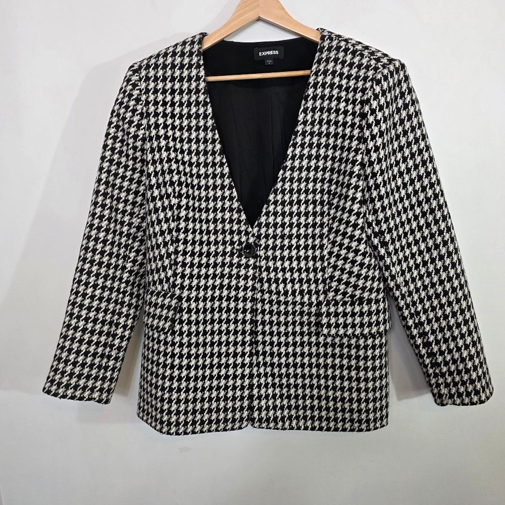 Express Houndstooth Dark Academia Tweed Black and White Fall Winter Blazer SZ 14